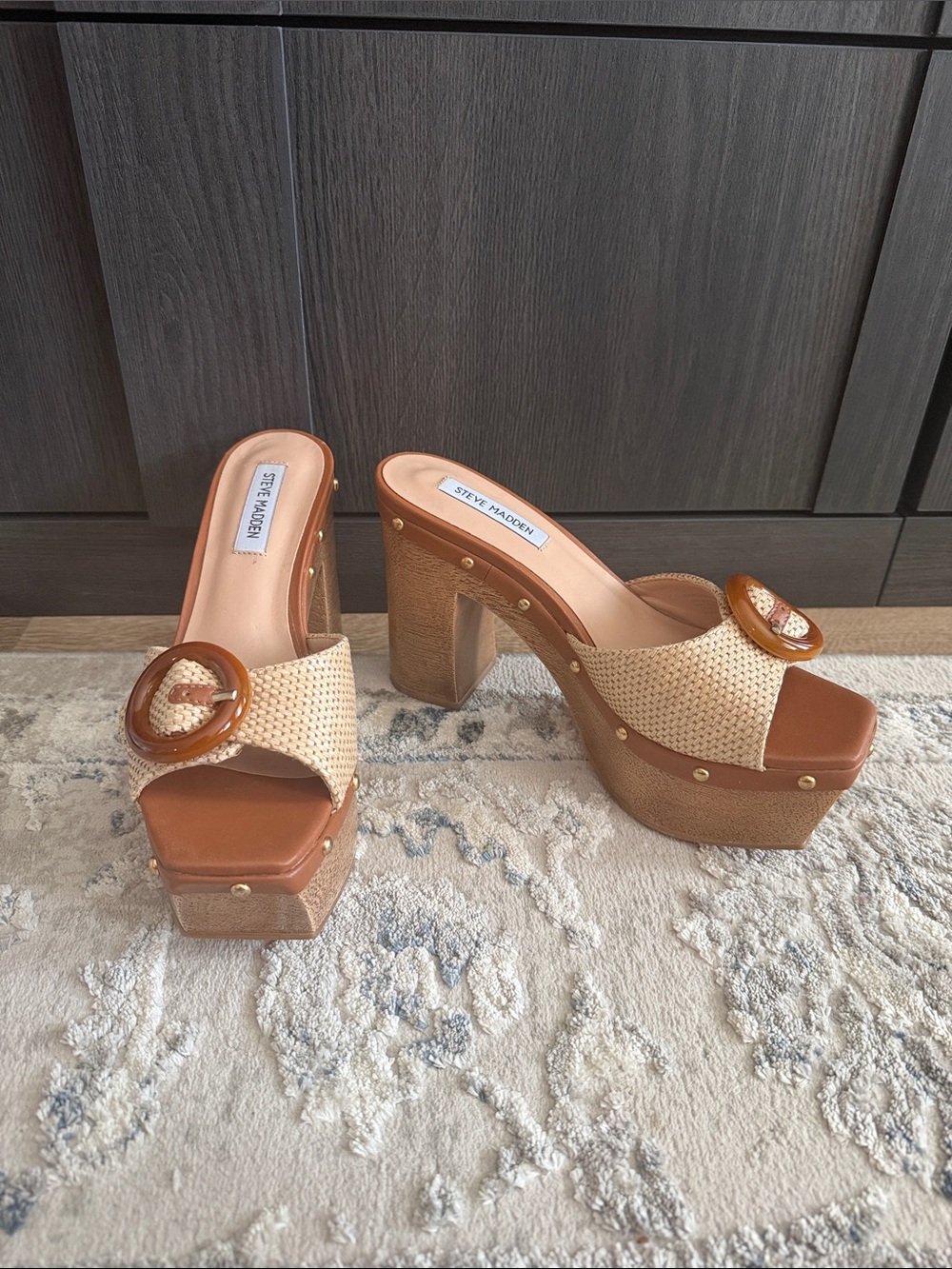 Steve Madden Woven Tan Platform Mule Sandals with Amber Buckles